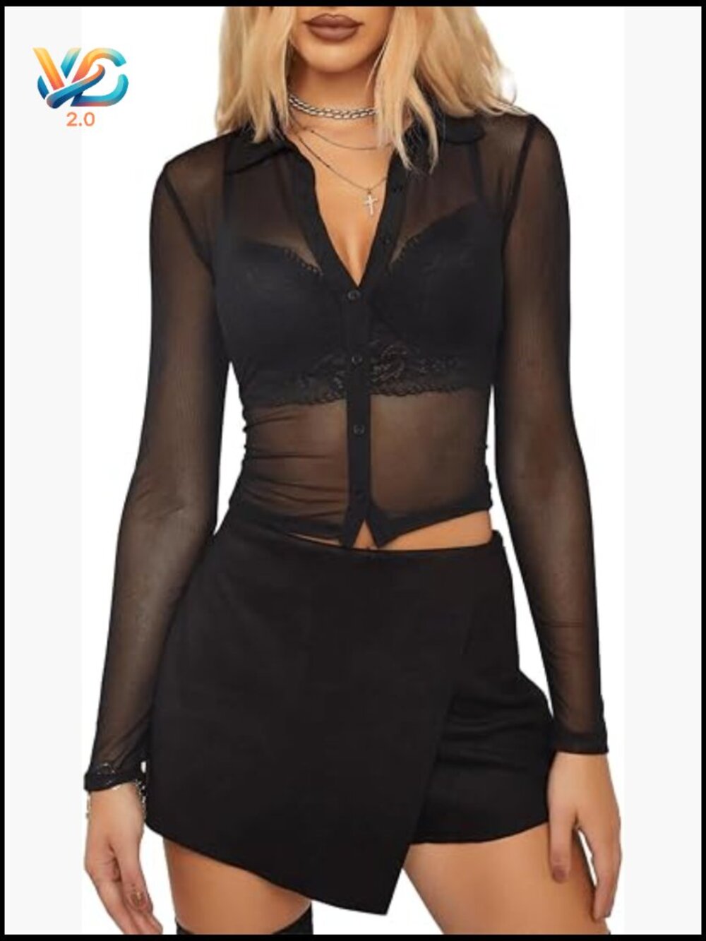 Mesh Crop Top Sheer Button Up Blouse See Through Long Sleeve Y2K Clubwear